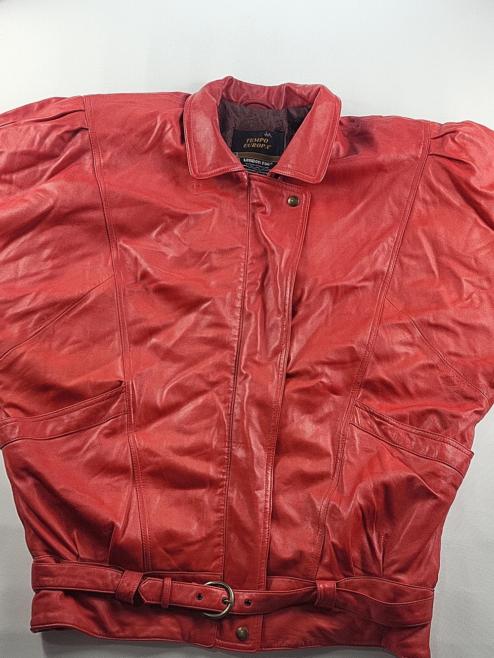 VTG 80s London Fog Tempo Europa Red Leather Oversized Bomber Belted Jacket